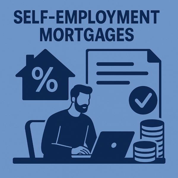 A flat blue-toned illustration showing a self-employed person working on a laptop, with icons of a house containing a percentage symbol, a document with a checkmark, and stacked coins, representing self-employment mortgages.