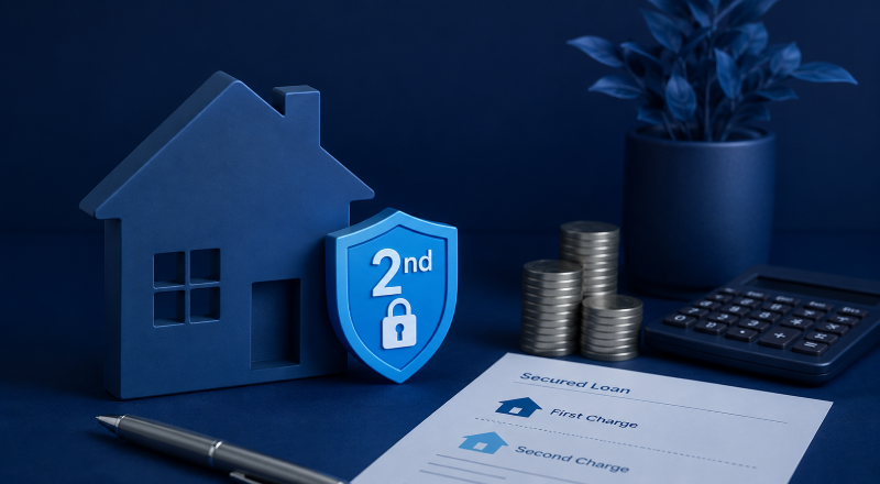 When a Second Charge Mortgage Fits: secured lending concept with a house, second-charge shield, coins, calculator and loan document.