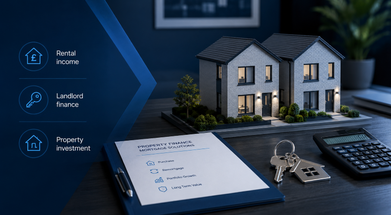 Investment Property Mortgages UK with apartment model, keys, calculator and mortgage planning documents.