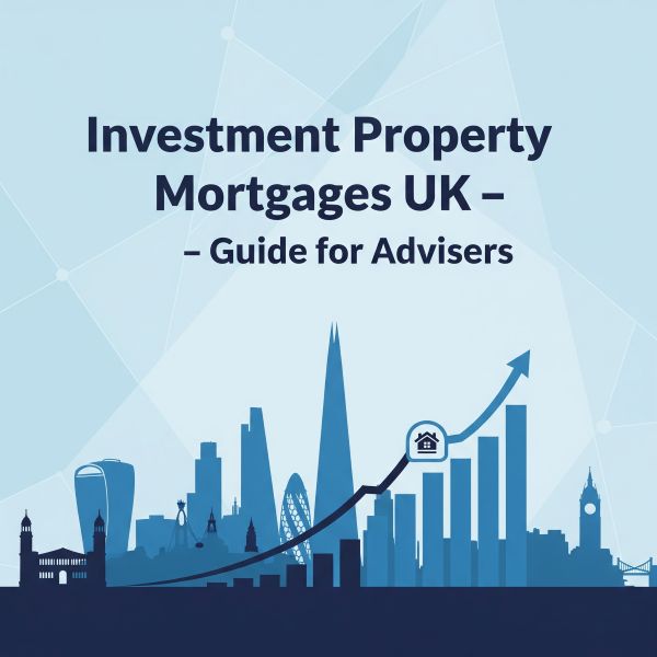 A square graphic with a light blue background and subtle network lines. Large dark text reads “Investment Property Mortgages UK – Guide for Advisers”. Along the bottom is a blue silhouette of the London skyline, with an upward-trending line graph and bars rising to the right, including a small house icon on the chart and an arrow pointing upward.
