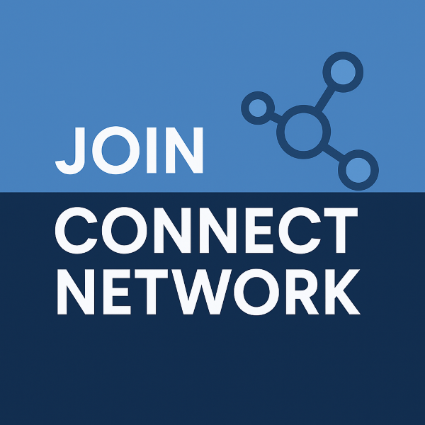 A modern square graphic with a blue and navy colour scheme. The text “JOIN CONNECT NETWORK