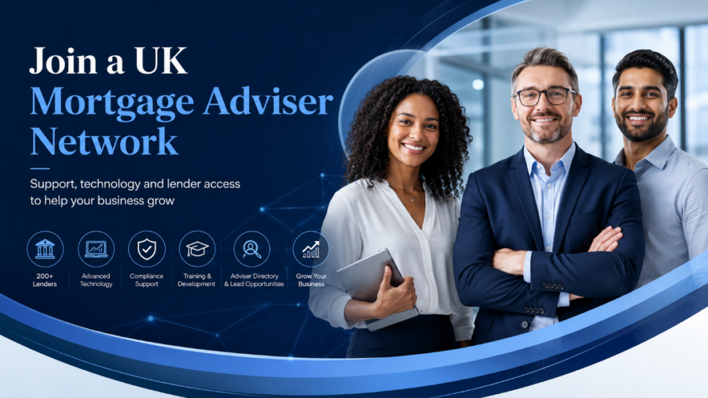 Join a UK Mortgage Adviser Network hero image showing a diverse group of mortgage advisers with icons for 200+ lenders, advanced technology, compliance support, training and development, adviser directory lead opportunities, and business growth.