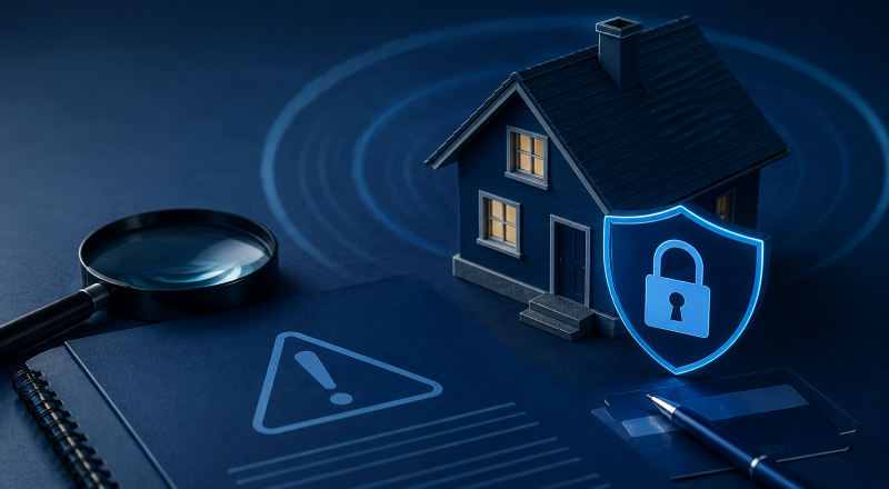 Mortgage Fraud Controls for UK Mortgage Advisers, illustrated by a secured home, protective shield, warning document and magnifying glass.