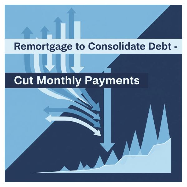 Blue infographic-style graphic with the headline “Remortgage to Consolidate Debt – Cut Monthly Payments”. The design features multiple downward arrows merging into a single downward arrow, alongside simplified bar and line chart shapes, illustrating reduced outgoings and consolidated payments.