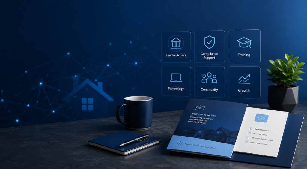 Assessing a UK Mortgage Network Before Joining, with lender access, compliance support, training, technology and growth icons.