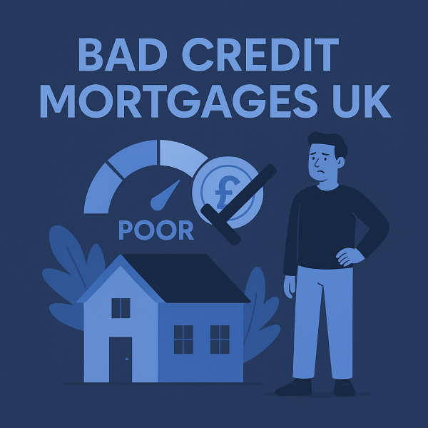 Image features a worried man beside a house, a credit score dial pointing to “Poor,” and a crossed-out pound symbol to visualise financial difficulty.