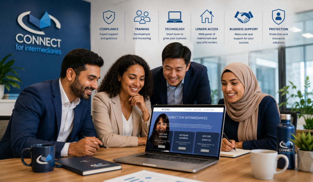 Mortgage Network For New Brokers hero image showing a diverse group of advisers in a modern office reviewing Connect for Intermediaries support, including compliance, training, technology, lender access, business support and protection.