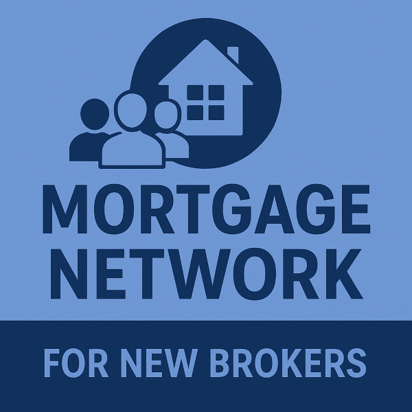 A flat blue digital graphic featuring three simplified broker figures beside a house icon, with bold text reading Mortgage Network and For New Brokers in the brand colours navy and light blue.