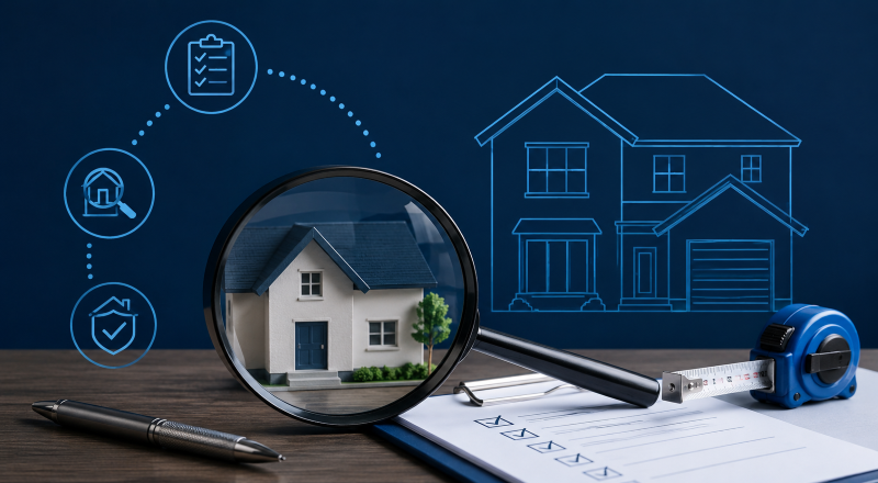 Property Surveys and Mortgage Lending Decisions illustrated by a model home, magnifying glass, survey checklist and measuring tape.