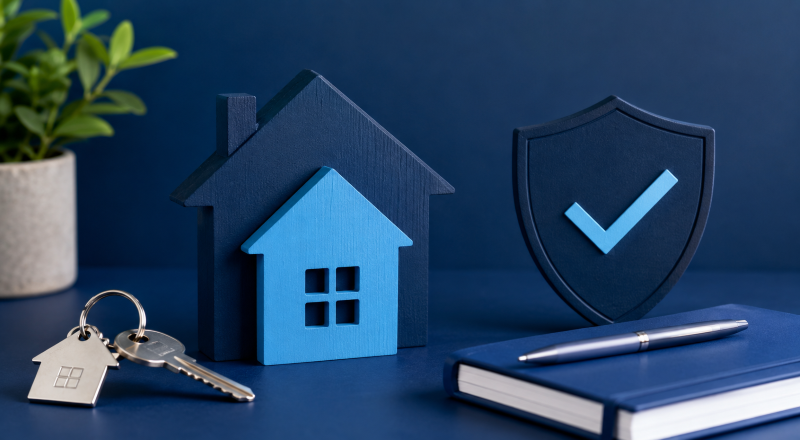Second Charge Mortgage Fees illustrated with house models, keys, a shield and financial documents in dark and light blue.