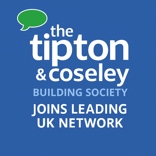 Tipton & Coseley Building Society logo (with green speech bubble) above stacked white and light-blue text reading “the tipton & coseley BUILDING SOCIETY” and “JOINS LEADING UK NETWORK”, centred on a dark-to-mid blue gradient background.