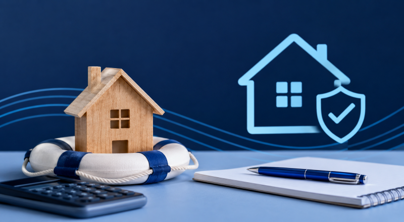 Mortgage Support for Homeowners hero image featuring a house model in a life ring, with a calculator, notebook and home protection icon in dark blue and light blue branded colours.