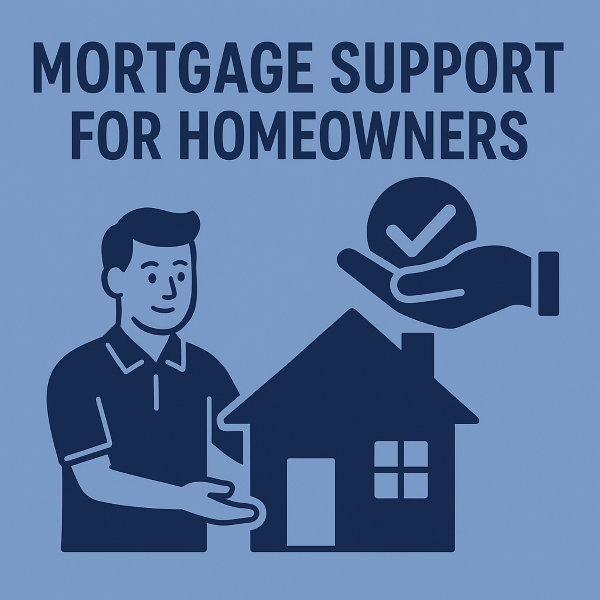 A flat, minimalist blue-toned graphic showing a homeowner beside a house, with a helping hand holding a checkmark symbol above. The text reads “Mortgage Support for Homeowners