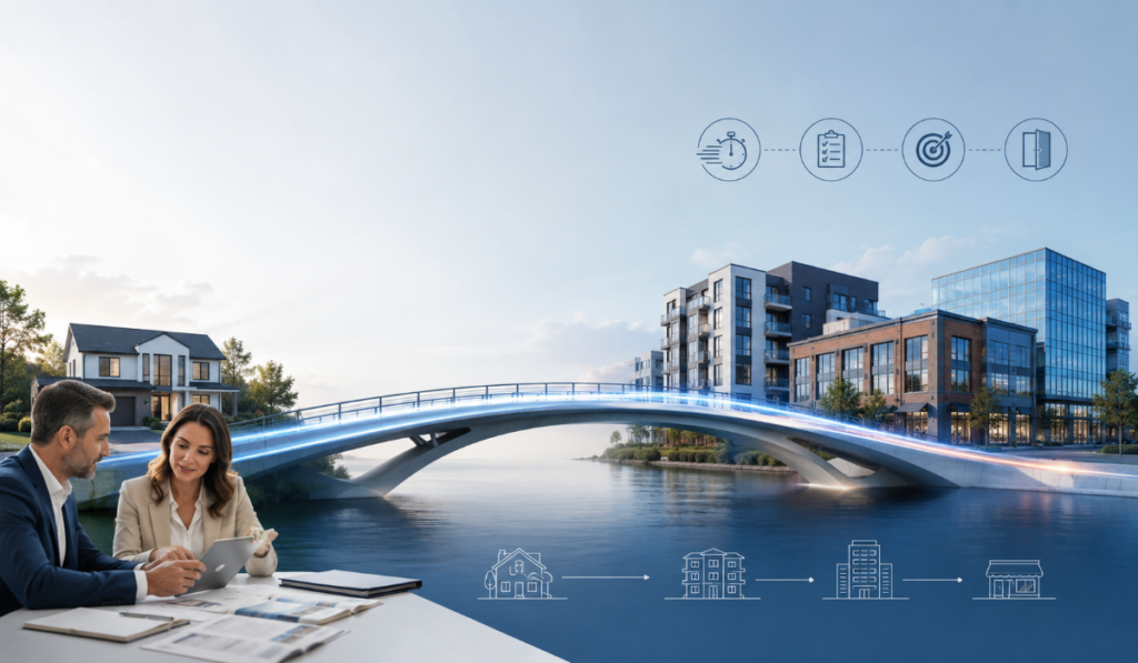 Bridging Loan Guide hero image showing a modern bridge connecting residential, buy-to-let and commercial property finance with adviser support.