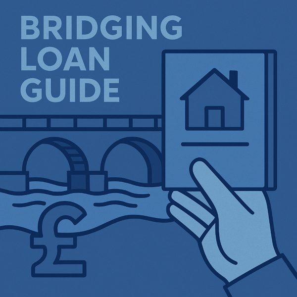 A blue-toned flat design illustration featuring the title “Bridging Loan Guide”, a stone arch bridge over water, a pound symbol, and a hand holding a booklet with a house icon on the cover.