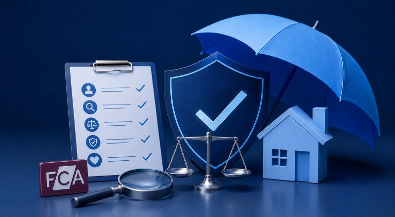 Consumer Duty Outcomes hero image showing a blue shield with tick, scales of justice, magnifying glass, compliance checklist, umbrella, house icon and FCA symbol, representing protection, fair treatment and regulatory oversight.
