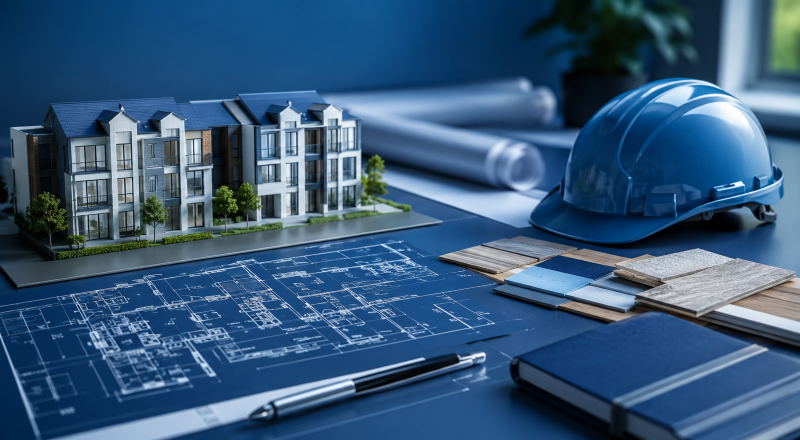 Digital Tools for Development Finance Cases: Architectural model, development plans and construction helmet representing why development projects require specialist mortgage finance.
