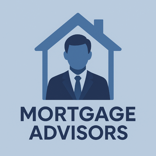 A blue, flat-design graphic showing the silhouette of a professional advisor inside the outline of a house, with the words “Mortgage Advisors” displayed below in matching blue branding colours.