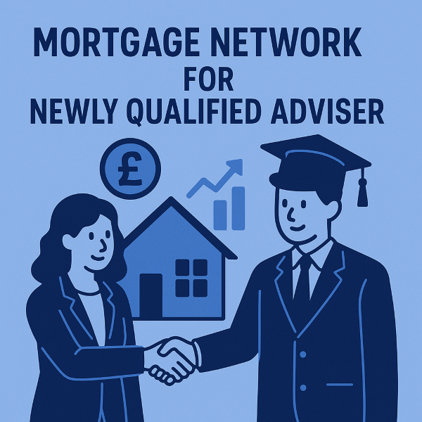 newly qualified mortgage adviser wearing a graduation cap shaking hands with a professional adviser. A house icon, financial growth chart, and a pound (£) currency symbol appear in the background to represent support, income opportunities, and a mortgage network for new advisers.