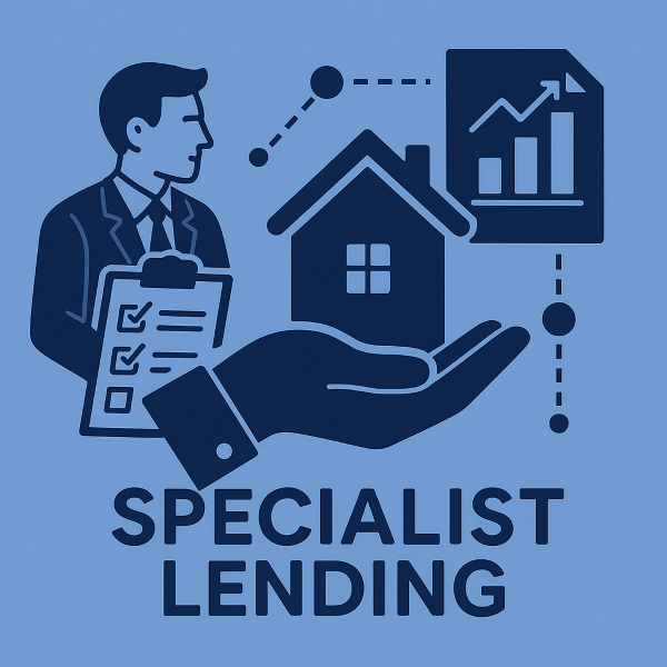 A blue-toned illustration featuring a business professional holding a checklist, a hand presenting a house icon, and a document with a rising bar chart, representing specialist lending.