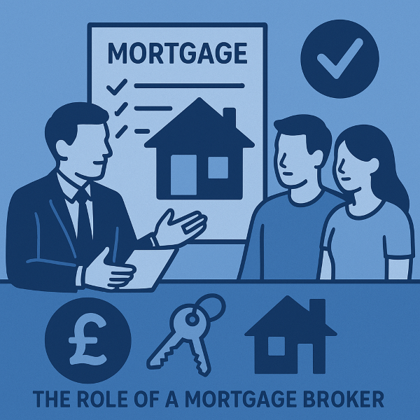 A flat-style blue illustration showing a mortgage broker sitting across from a couple, with a large mortgage document and house icon behind them. Icons at the bottom include a pound sterling symbol (£), house, and keys, representing the role of a mortgage broker.