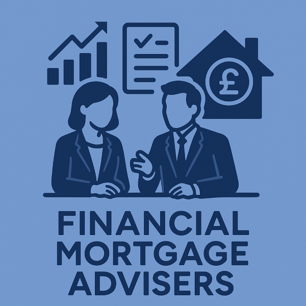 A flat-design illustration showing two financial mortgage advisers sitting at a desk, one male and one female, discussing mortgage options. Behind them are icons of a rising financial chart, a checklist document, and a house with a pound symbol