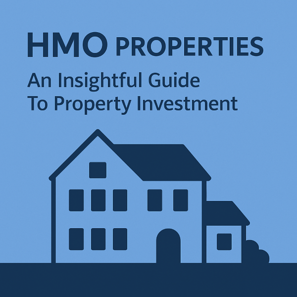“A square 600x600px cover image with a light blue background and dark blue accents, using Open Sans font. The title reads ‘HMO PROPERTIES’ with the subtitle ‘An Insightful Guide To Property Investment’ above a simple dark blue illustration of a multi-storey HMO-style house with several windows and a side extension,