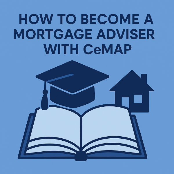 A square blue graphic featuring an open book, a graduation cap, and a house icon. The title “How to Become a Mortgage Adviser with CeMAP” appears at the top in bold navy lettering.