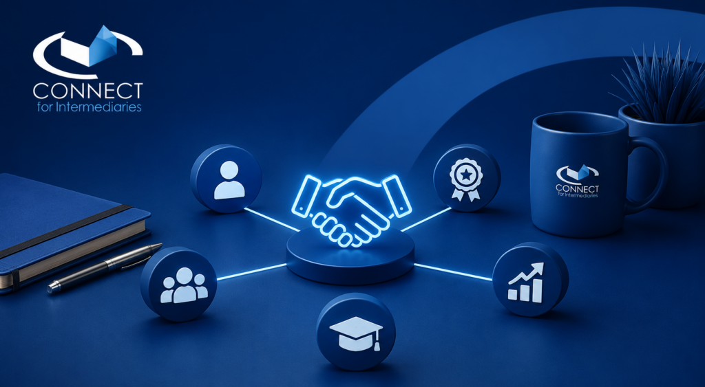 Join Connect for Intermediaries mortgage network concept featuring adviser connections, professional support, training and business growth icons.