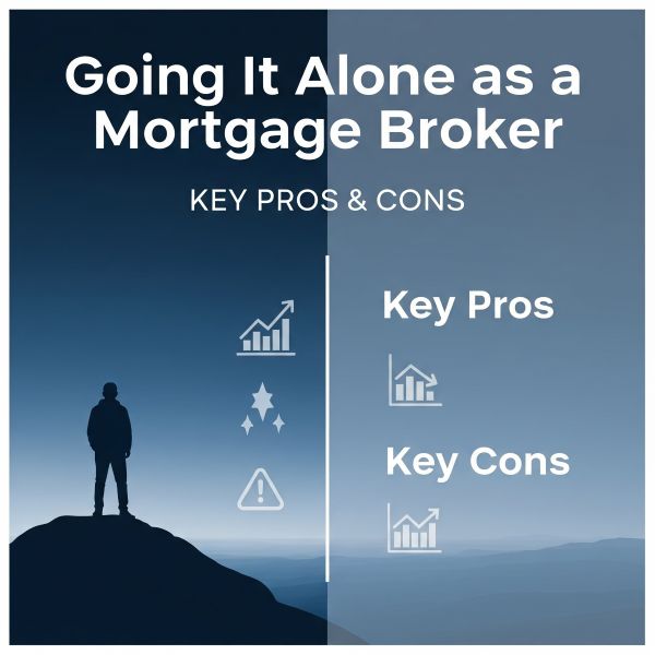 A blue-toned square cover image titled “Going It Alone as a Mortgage Broker” with the subtitle “KEY PROS & CONS”. The background shows a silhouette of a person standing on a hill on the left. The design is split vertically, with the right side listing headings “Key Pros” and “Key Cons”, each paired with small finance-style icons.