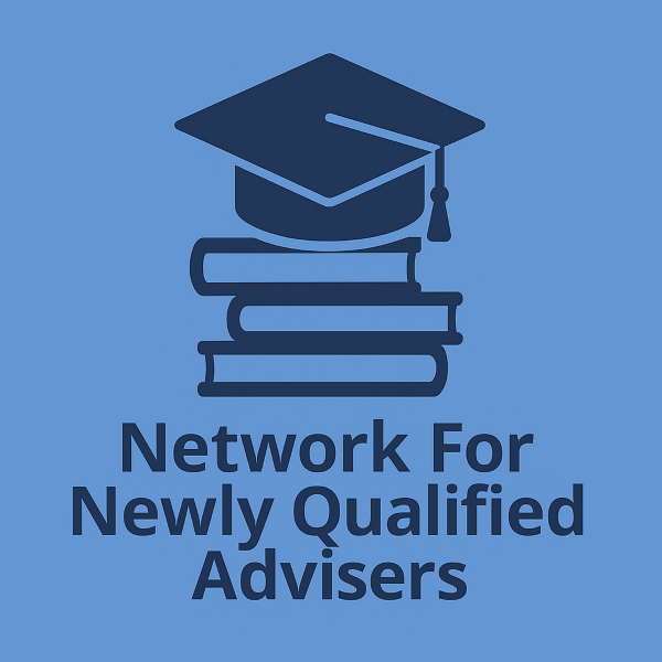 Square (600×600) graphic in two blues. A dark blue graduation cap sits above a stack of three dark blue books on a light blue background. Below, the text “Network For Newly Qualified Advisers” appears in a bold, clean sans-serif style.