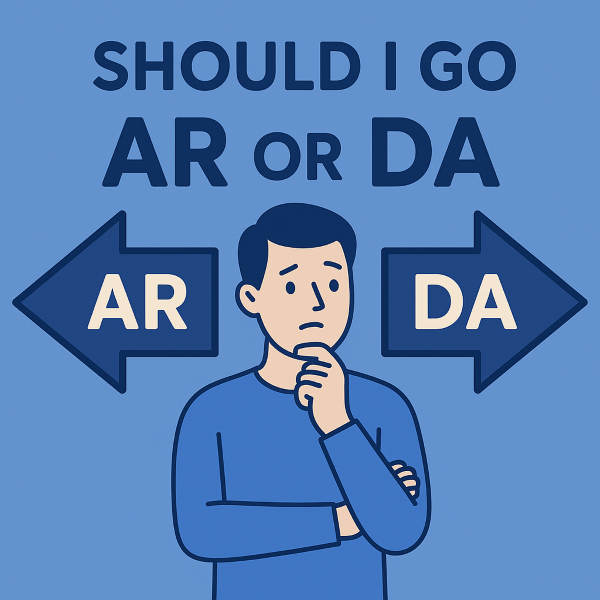 A digital illustration shows a man standing thoughtfully between two arrows labeled “AR” and “DA,” symbolising a decision-making process.
