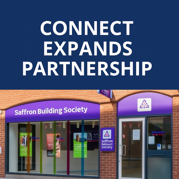 Square 600×600 graphic in dark and light blue with large white Open Sans-style headline “CONNECT EXPANDS PARTNERSHIP” at the top, and a photo below of a Saffron Building Society branch exterior with red brickwork, purple signage, and glass windows