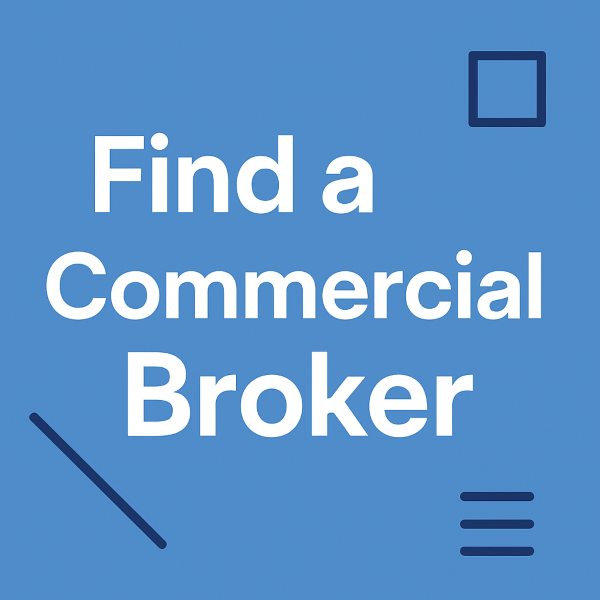 The design displays the text “Find a Commercial Broker” in a clean, bold font, with simple geometric accents matching the brand colours.
