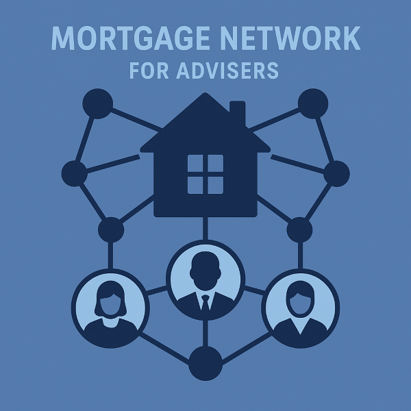 blue graphic featuring a central house icon connected by network lines to three adviser profile icons, representing a mortgage network for advisers.