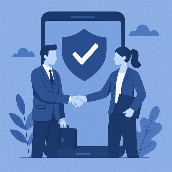 A flat-style illustration in Connect Mortgages branding colours, showing two business professionals shaking hands in front of a large digital screen displaying a shield with a checkmark. The scene represents trust, compliance, and partnership, symbolising the process of becoming an Appointed Representative.