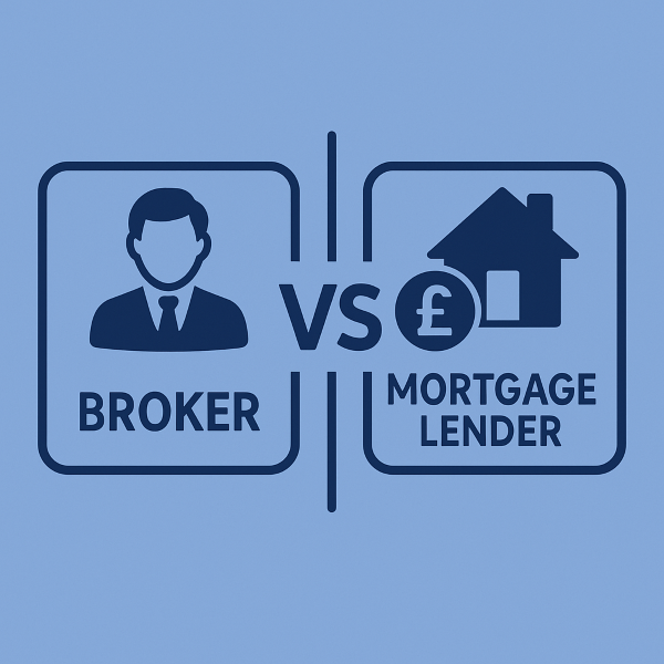 Two-tone blue graphic showing a comparison between a mortgage broker and a mortgage lender. The left side displays an icon of a suited person labelled Broker, and the right side shows a house with a pound symbol labelled Mortgage Lender. A vertical dividing line and the letters VS highlight the contrast.