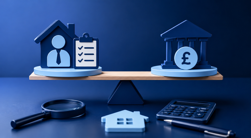 Mortgage Broker vs Lender comparison with broker, bank, property, checklist and calculator icons balanced on scales.