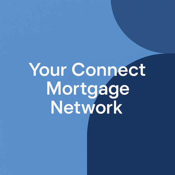 A square 600×600 graphic with a modern flat design. The background features overlapping rounded shapes in light and dark blue, with the words “Your Connect Mortgage Network” centered in bold white text.
