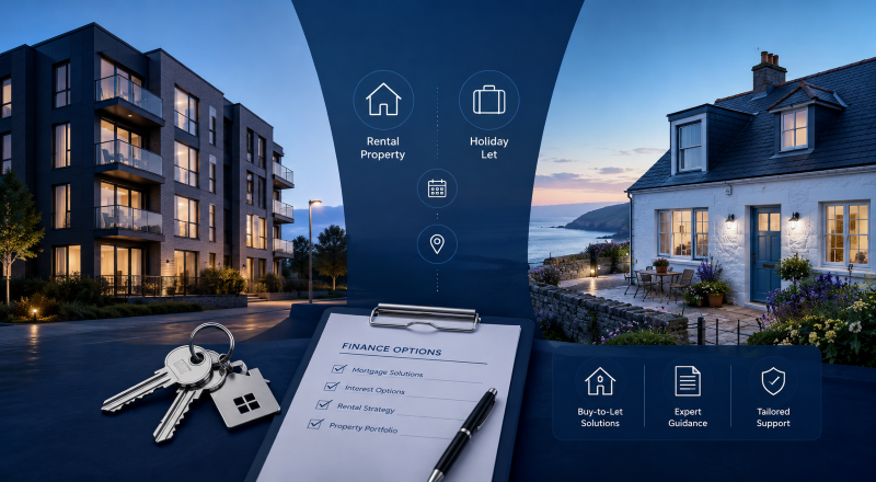 Buy-to-Let or Holiday Let property finance options, showing a modern rental apartment and a coastal holiday cottage.