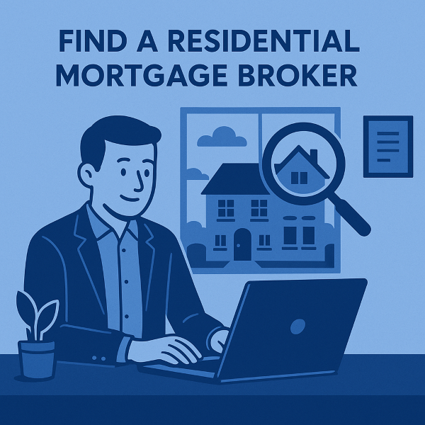 A flat-style illustration of a man sitting at a desk using a laptop, with a house shown in the background under a magnifying glass, representing the search for a residential mortgage broker.
