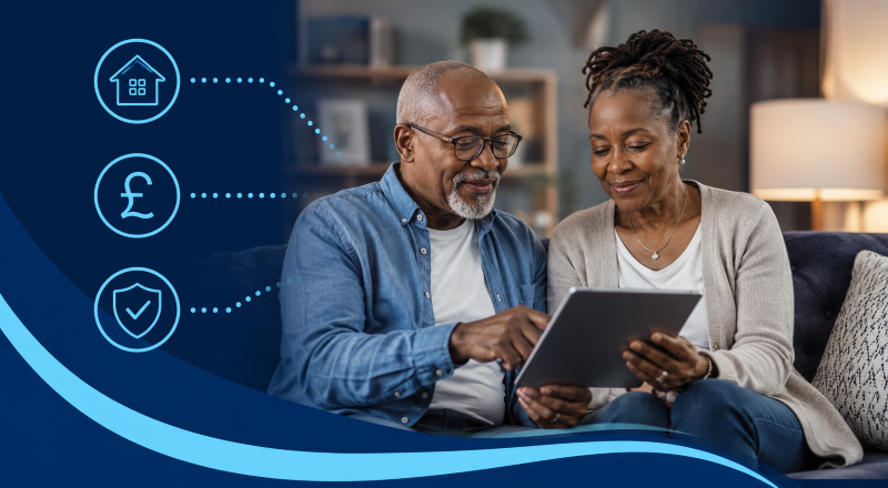 Later Life Lending for Mortgage Brokers, showing an older couple reviewing finance options with property, pound and protection icons in Connect-branded blue styling.