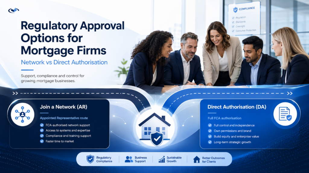 Regulatory Approval Options for Mortgage Firms hero image showing diverse mortgage professionals discussing network and direct authorisation routes, with compliance, business support and client outcome icons.