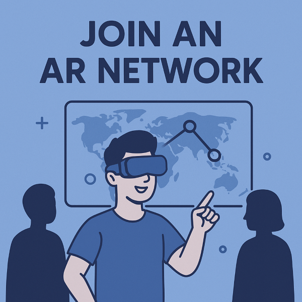 A flat-style illustration in blue tones shows a person wearing an AR headset pointing toward a digital world map with connected network nodes, surrounded by silhouettes of other people, with the heading “Join an AR Network” above.