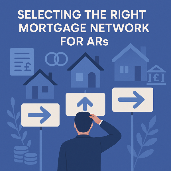 a male adviser standing before multiple directional signs and house icons, symbolising decision-making when selecting the right mortgage network for appointed representatives (ARs). The title “Selecting the Right Mortgage Network for ARs”