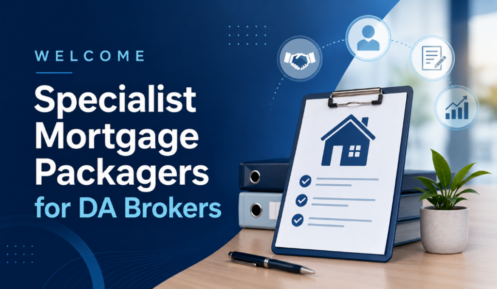 Specialist Mortgage Packagers for DA Brokers hero image showing a welcome icon, business handshake, modern property and broker network connections.
