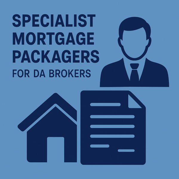 “Specialist Mortgage Packagers for DA Brokers” alongside simple icons of a professional adviser, a house, and a document, representing support services for Directly Authorised brokers.
