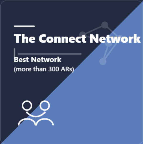 The Connect Network promotional graphic in dark blue and light blue, with white text reading “The Connect Network | Best Network (more than 300 ARs)” and a simple network and people-connection icon.