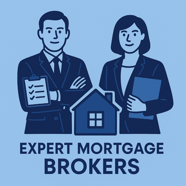 Professional UK mortgage brokers offering expert guidance, standing confidently with documents and a house icon in a clean, modern style using navy