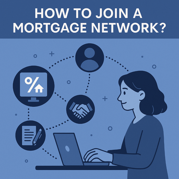 Blue illustrated graphic titled “How to Join a Mortgage Network?”. It shows a person working on a laptop with icons around them representing steps such as application, approval, compliance, and support.